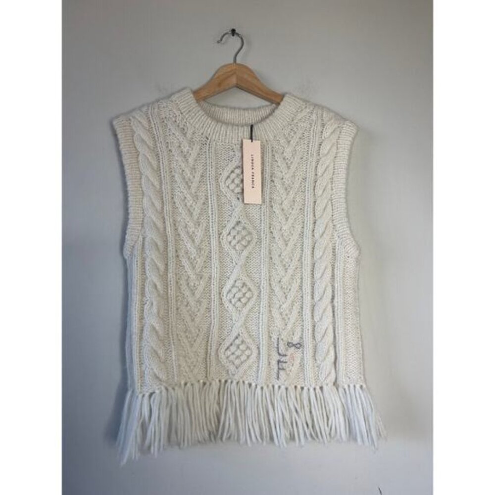 NWT Lingua Franca Mavis Fringe Knit Crew Neck Sleeveless Vest Cream Size: Small - Picture 2 of 8